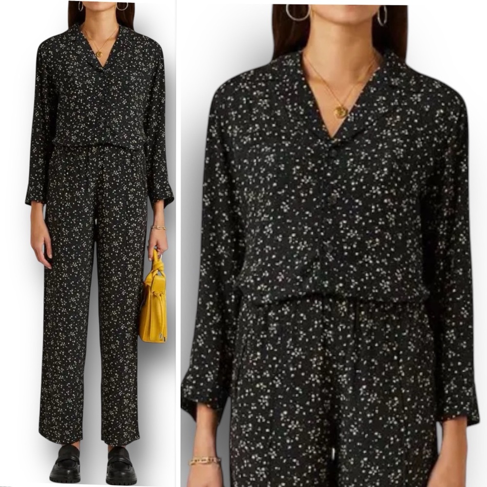 GANNI Floral-Print Button Up Blouse Shirt Top 3/4 Sleeve In Black Yellow Size XL